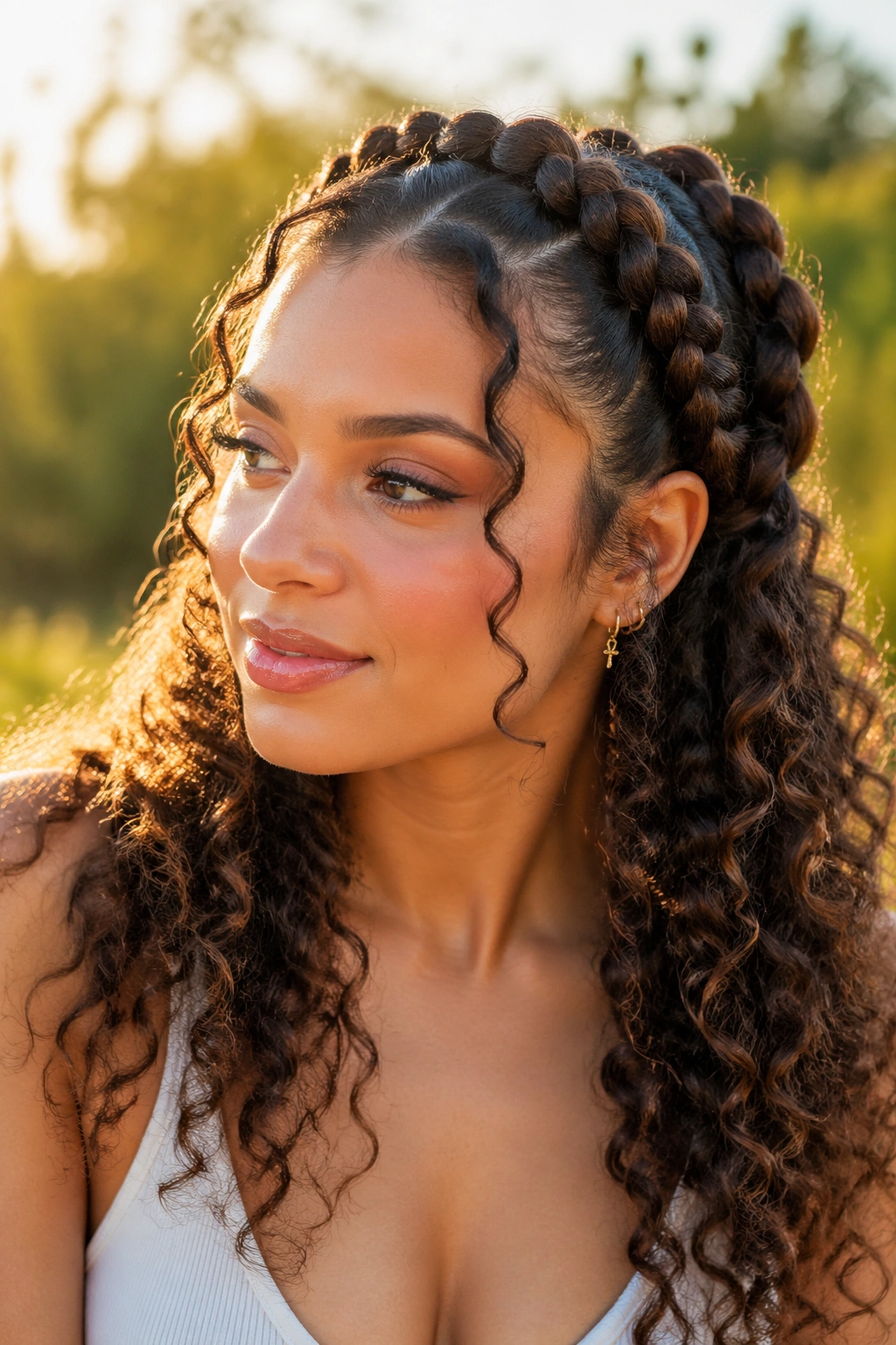 Real woman with double halo bubble braids outdoors at golden hour.