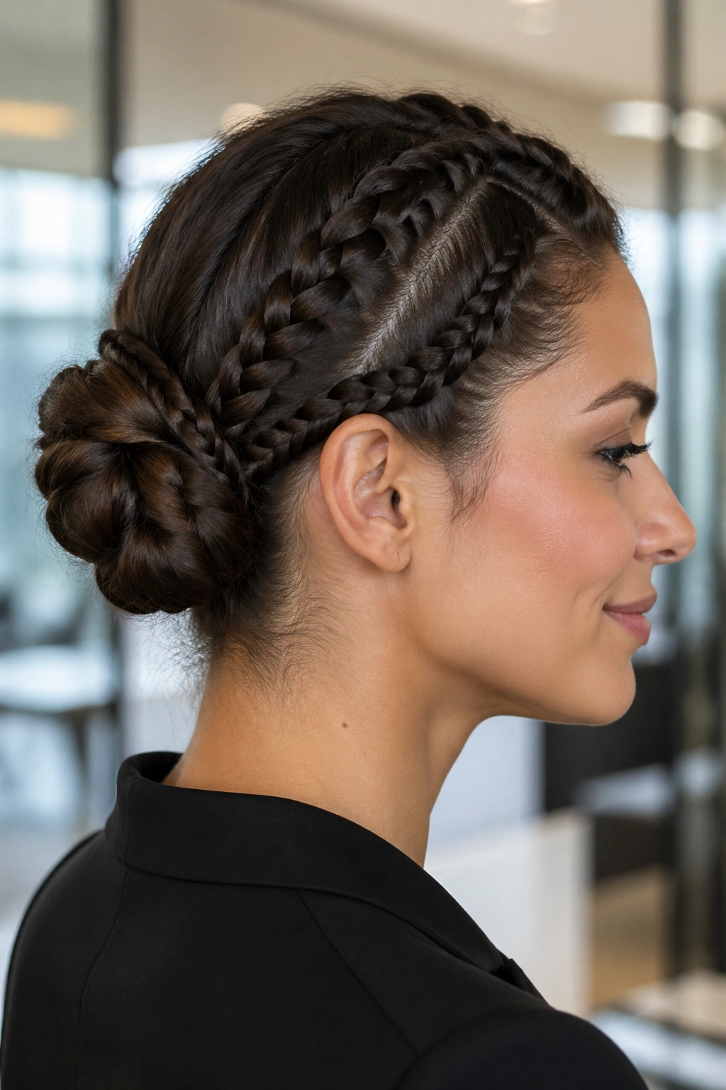 Real woman with two lace braids wrapped into a secure bun showing extra grip