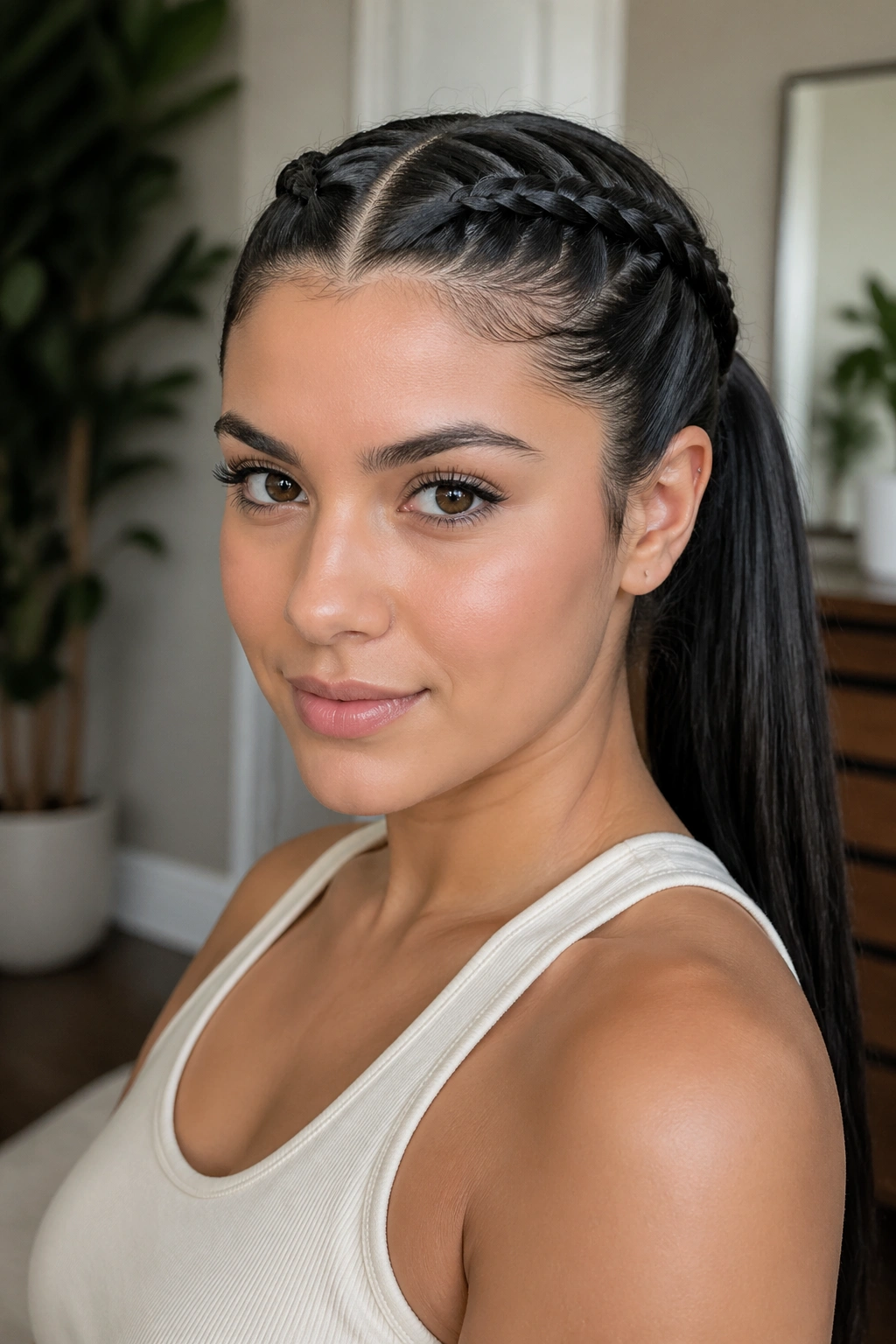 Real woman with double lace braids meeting into a ponytail