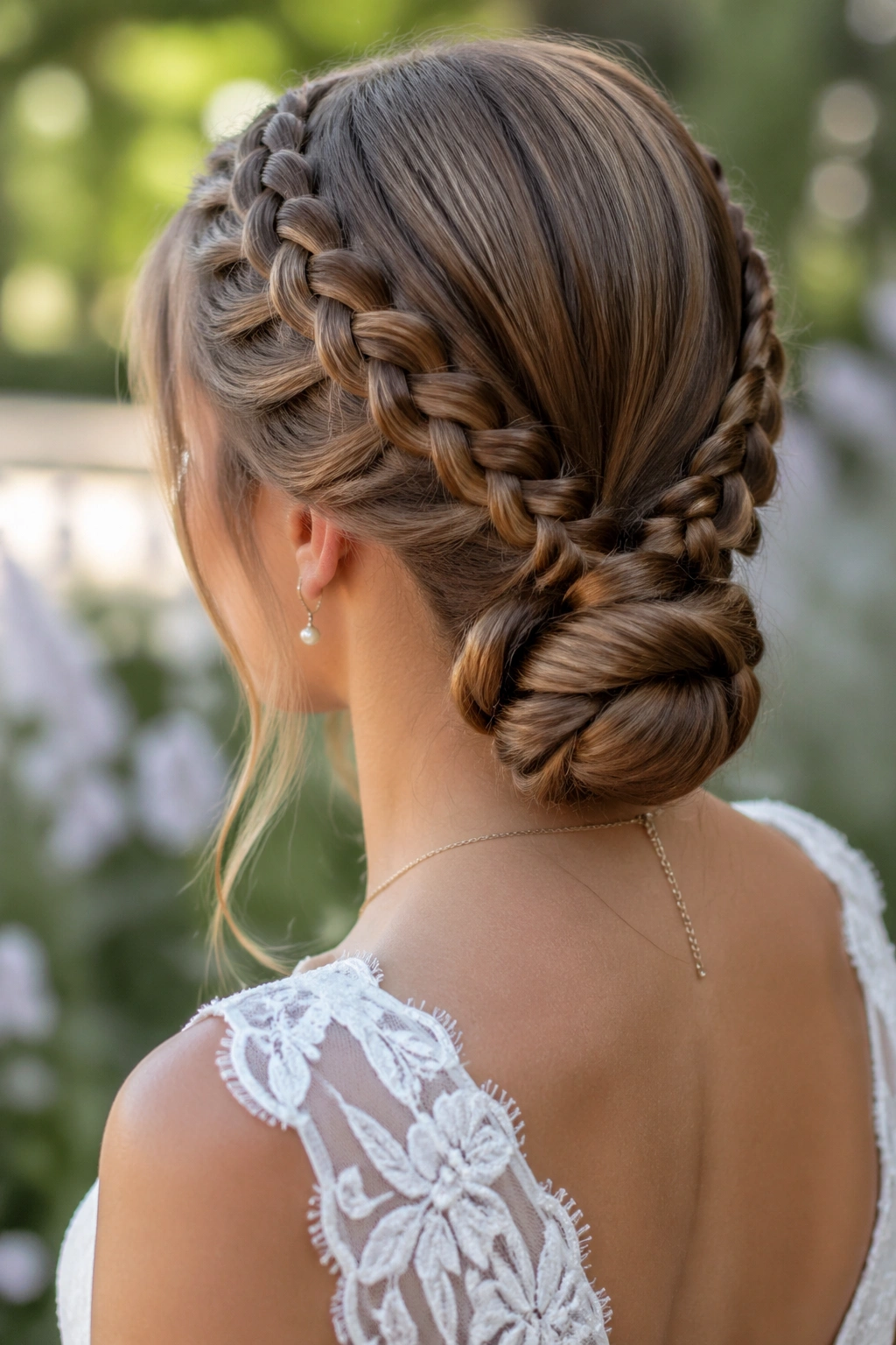 Real-bride with two Dutch lace braids forming a low bun