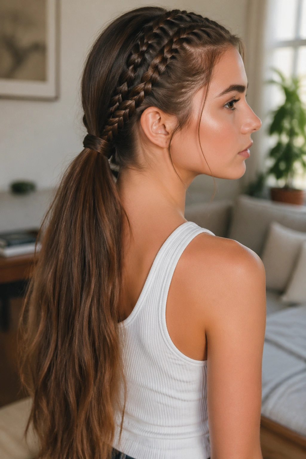 Portrait of a real woman with two slim lace braids merging into a low ponytail.