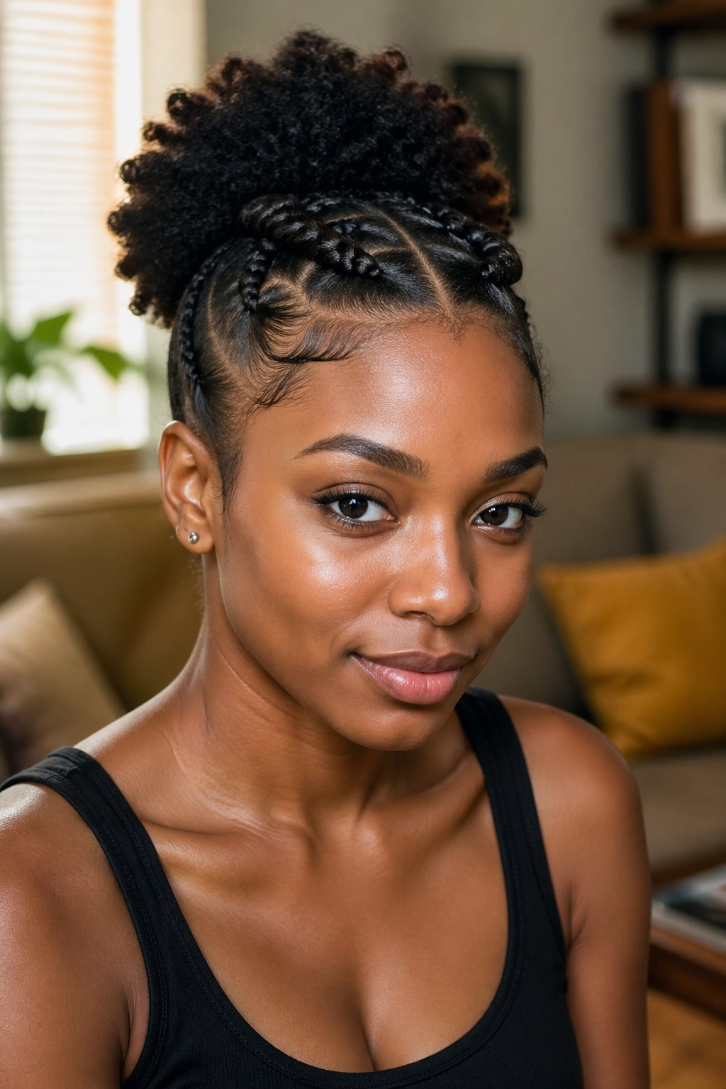 Close-up portrait of a real woman with two lace braids meeting in a puff at the back.