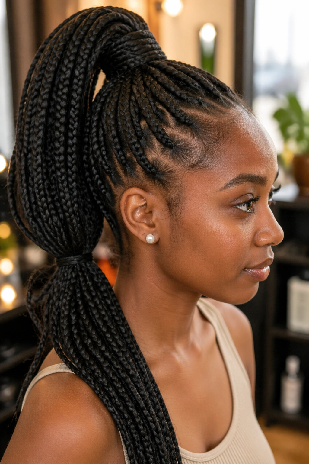 Close-up of a real person wearing a double-layer ponytail with stacked ponytails