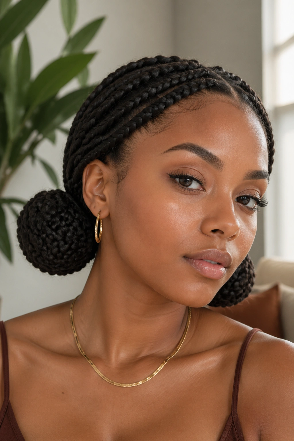 Close-up of a real person with two low buns behind the ears at the nape