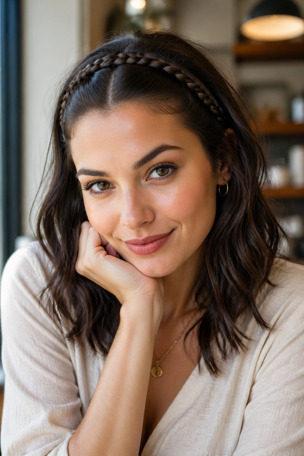 Close-up of a real woman wearing two slim front braids