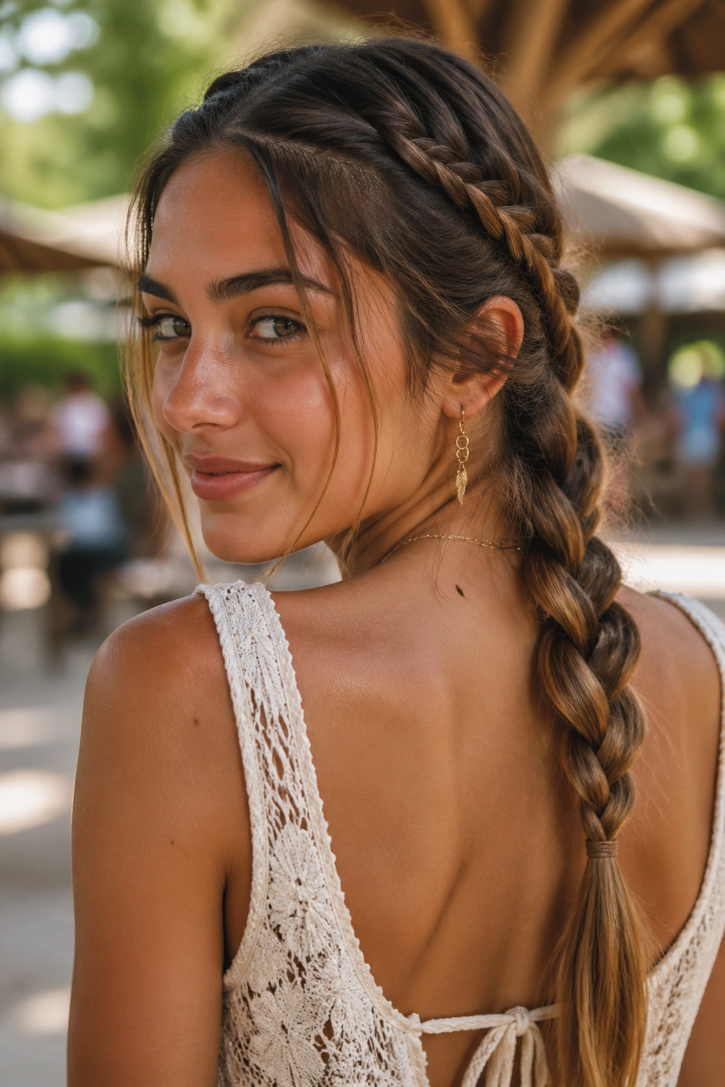 Close-up of two mini braids merging into a back plait on real woman.