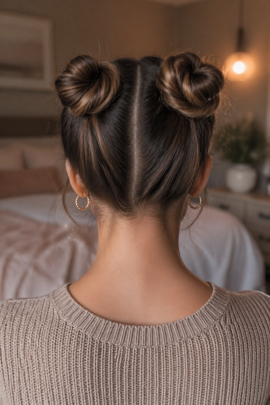 Back-of-head view of two tiny buns at the crown