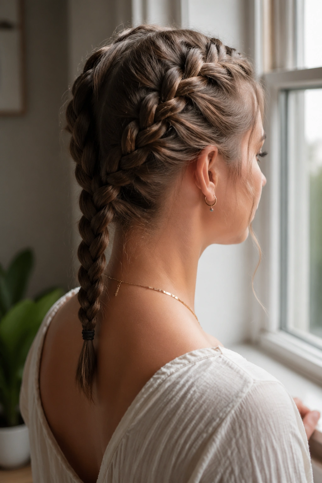 Medium close-up of a real woman with two mini French braids merging into one braid at the back.