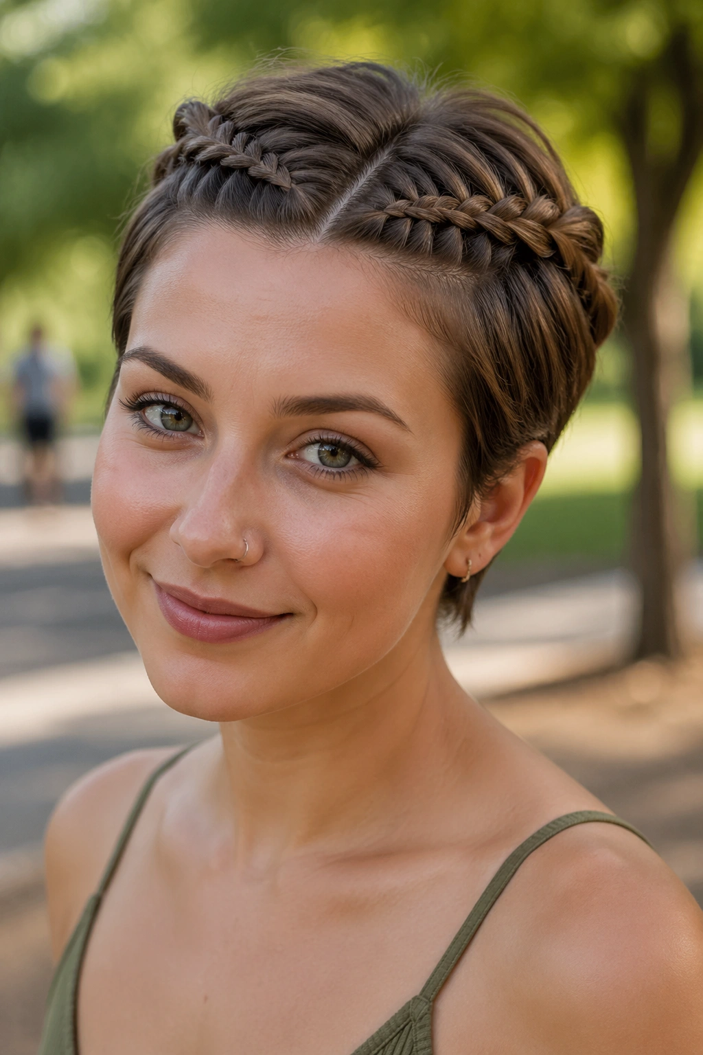 Close-up of two mini French braids above temples outdoors