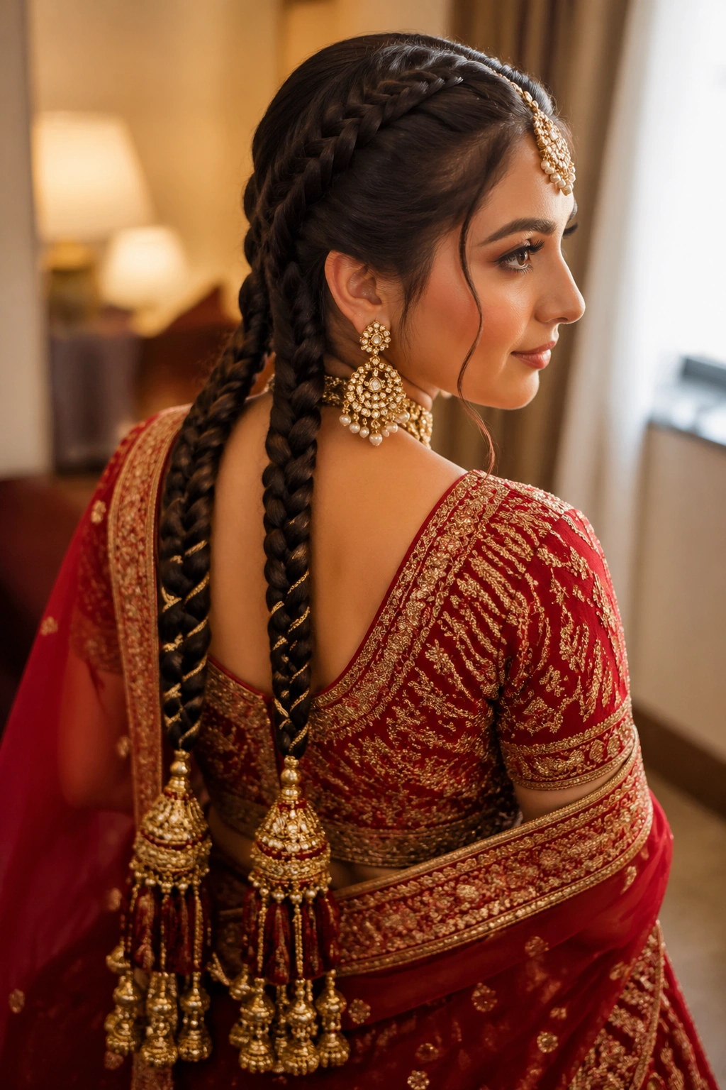 Close-up of two parandi braids on a real Punjabi bride in a bridal room