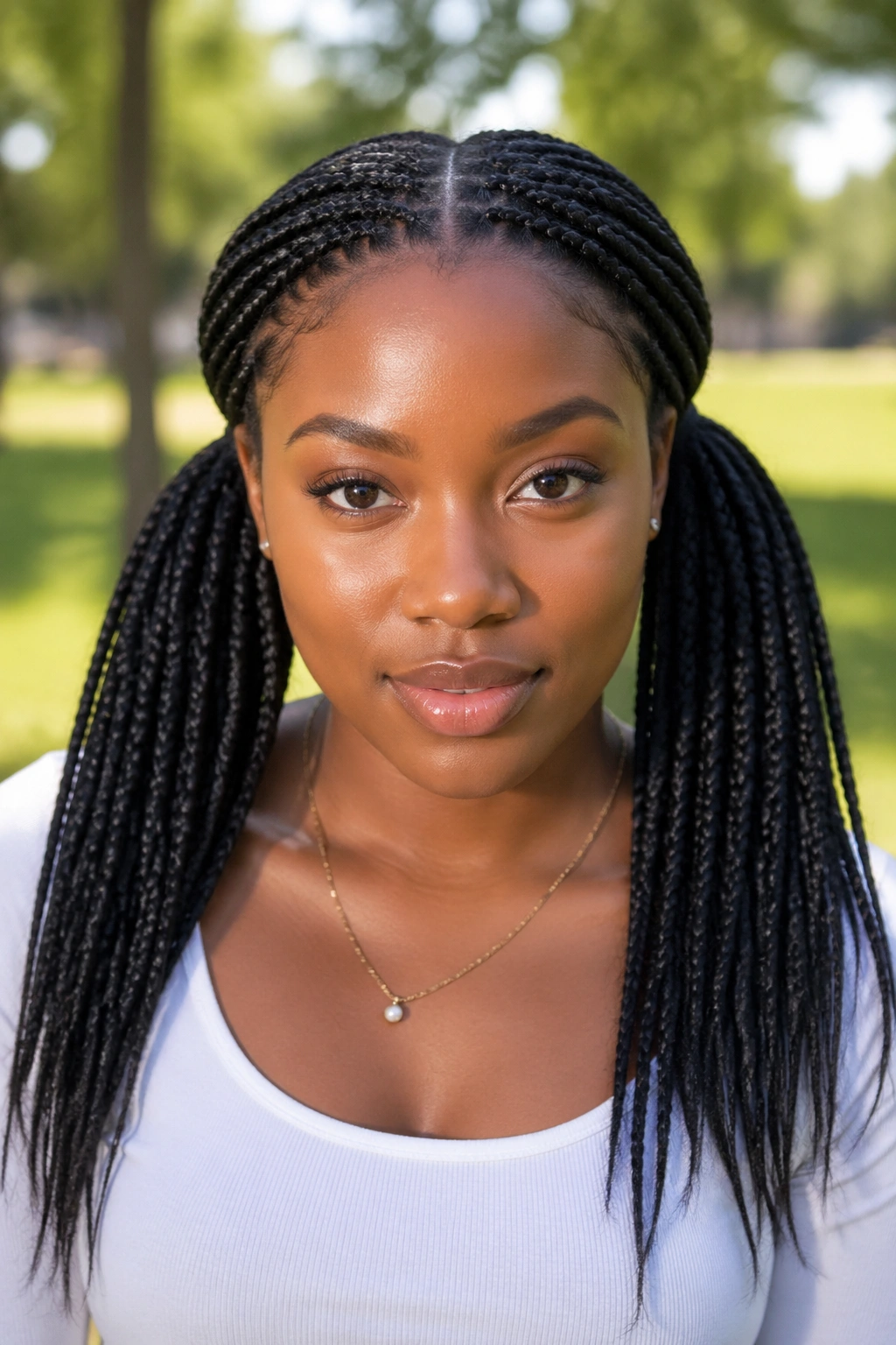 Close-up of a real woman with double pigtail ponytails in a sunlit outdoor park