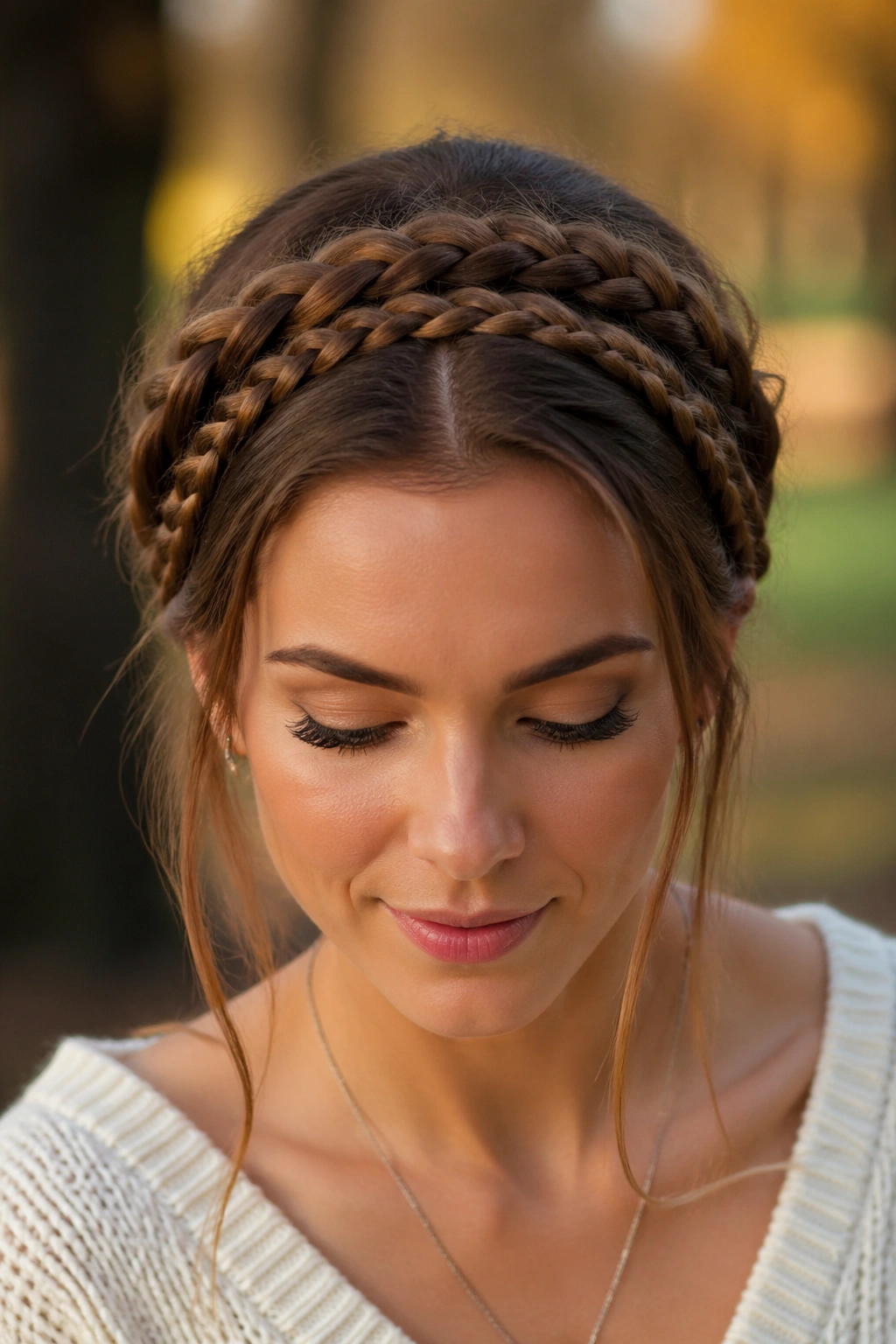 Close-up of a real woman with two concentric circle braids around the crown