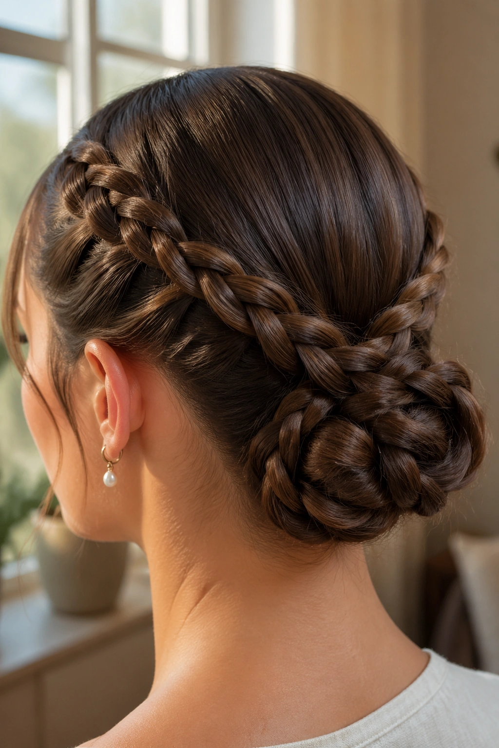 Close-up portrait of a real person with two rope braids forming a bun at the back of the head.