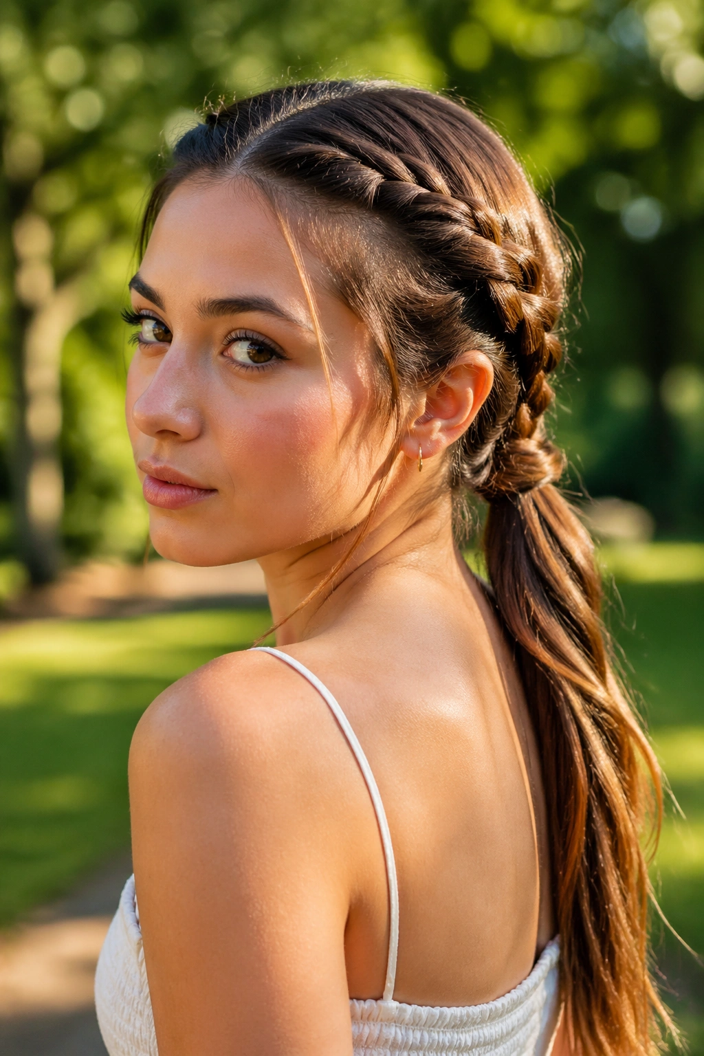 Real woman with double rope braids feeding into one ponytail.