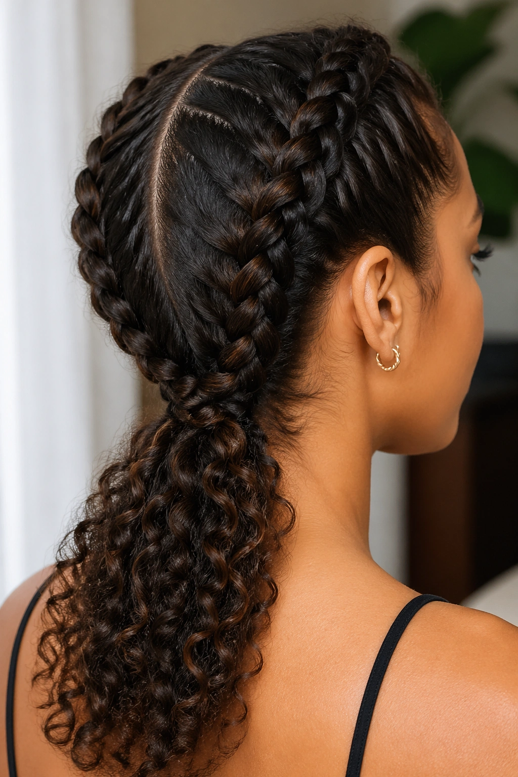Real woman with two side lace braids meeting at the nape
