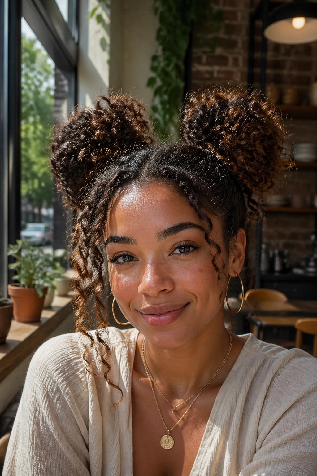 Close-up of a real woman with two high space buns in natural cafe light