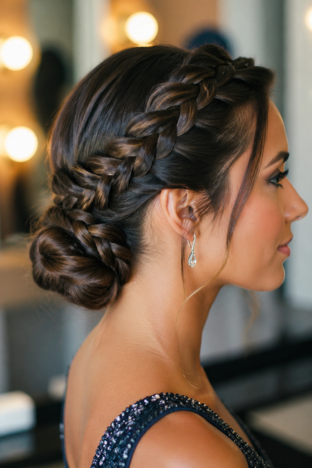Profile view of a real woman with a low dragon braid bun at the nape