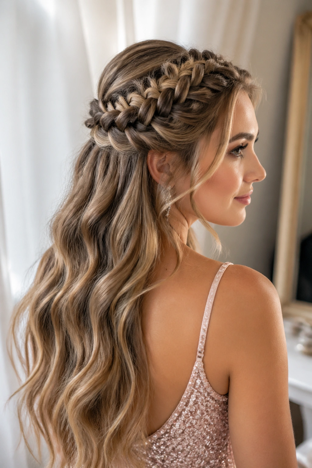 Portrait of a real woman with a half-up dragon braid and loose waves in soft indoor light
