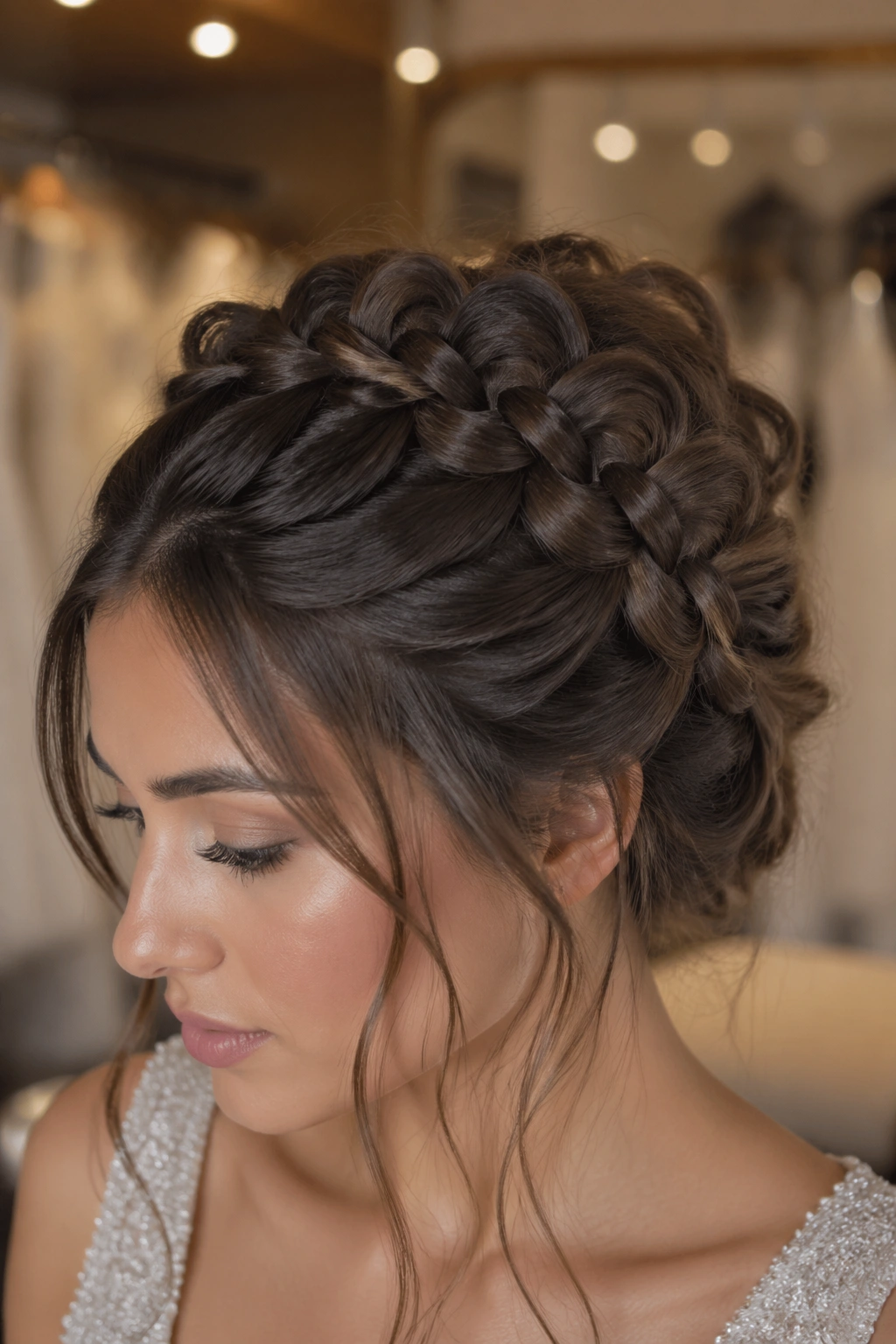 Close-up of a woman with a voluminous pancaked dragon braid at the crown, backstage bridal suite background