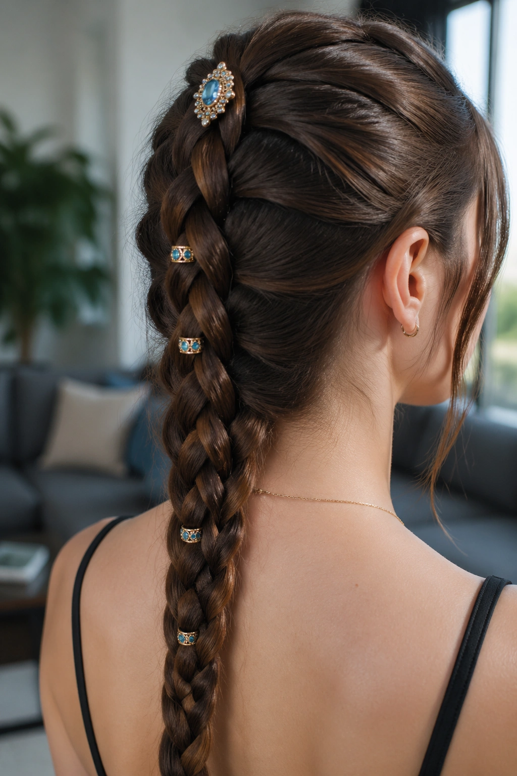 Close-up of a real woman with a dragon braid adorned with pins and cuffs along the length