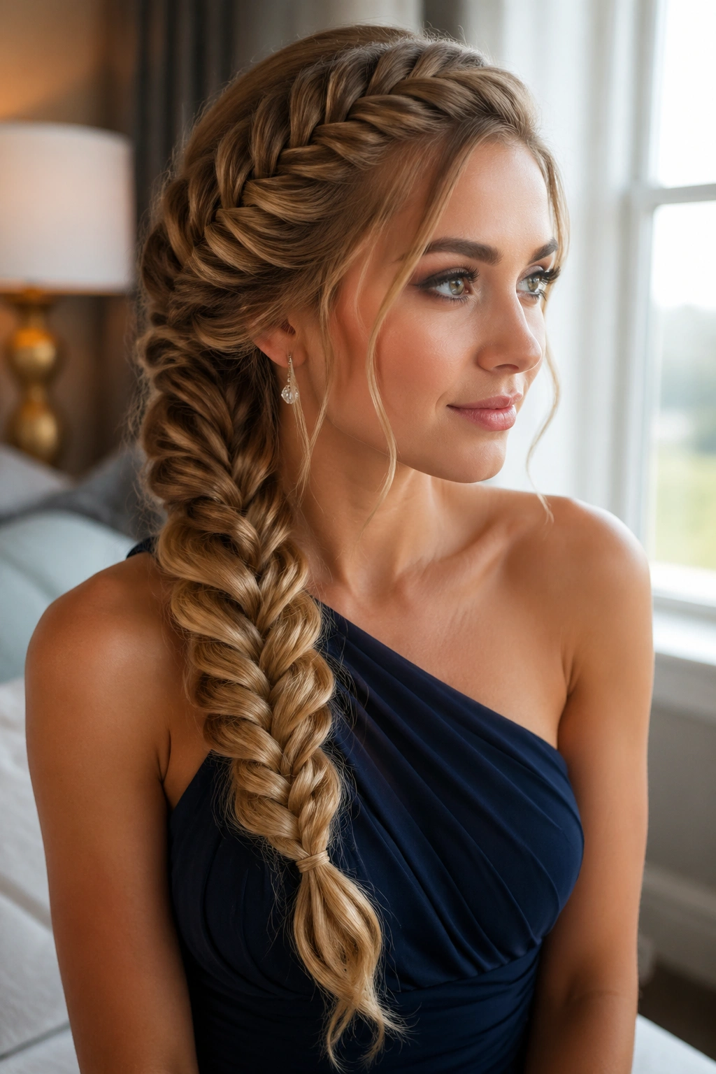 Three-quarter view of a real woman with a side-swept dragon braid over one shoulder