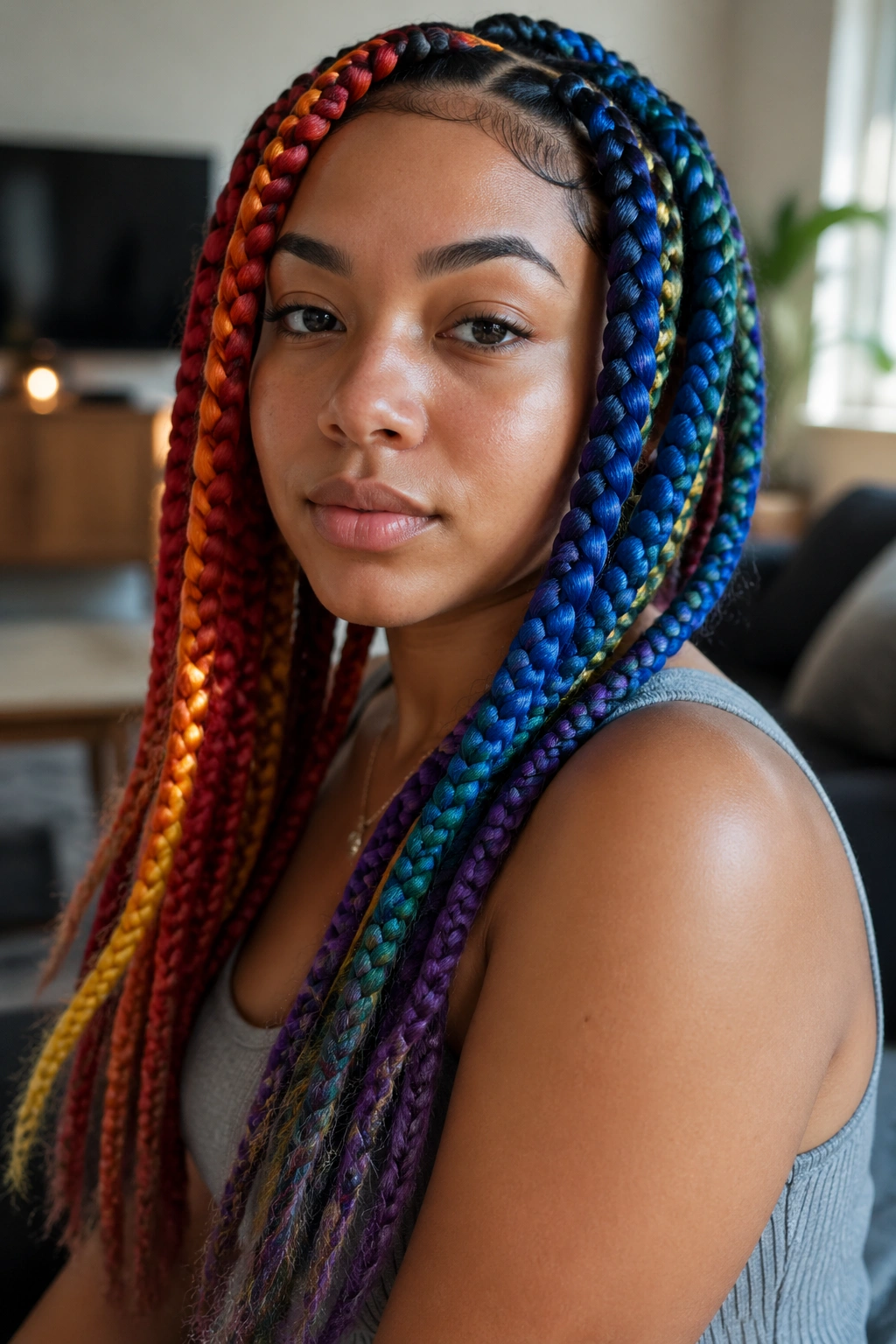 Portrait of person with rainbow jumbo box braids showing wear near ends