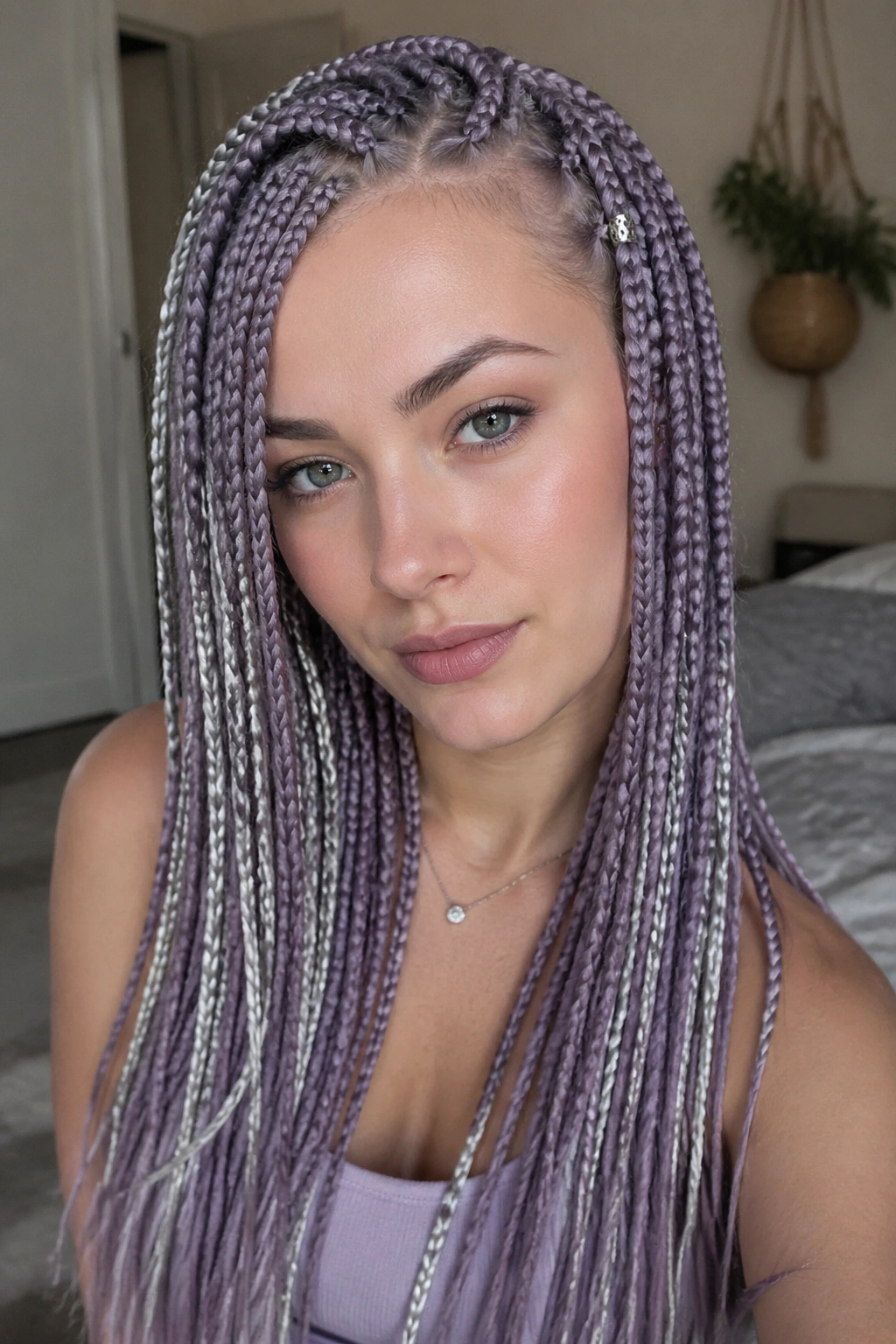 Close-up of a real woman with dusty lavender knotless braids and silver accents