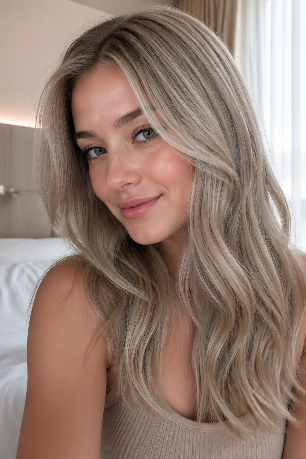 Close-up of a woman with dusty linen blonde hair in pale beige-taupe tones.