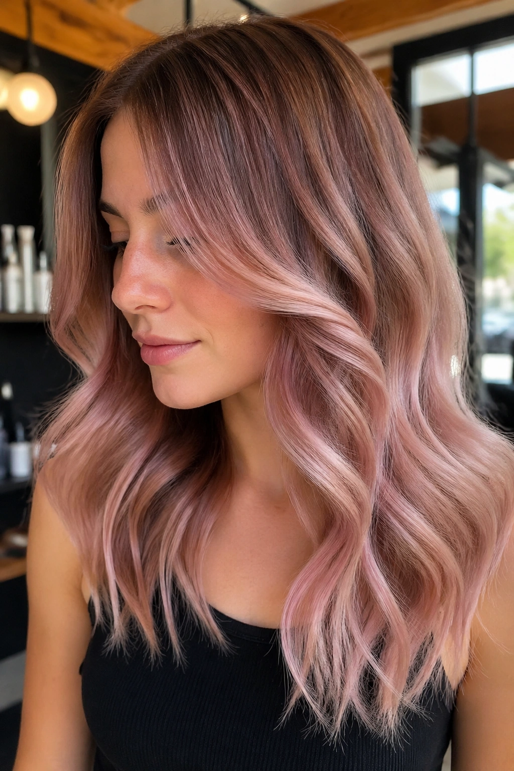 Real person with dusty pink balayage ribbons through mid-lengths and ends.