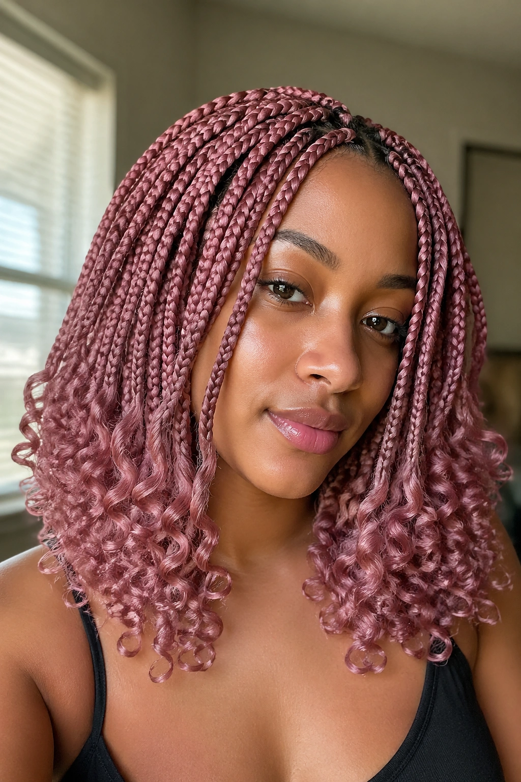 Close-up portrait of a real woman with dusty pink knotless box braids and corkscrew ends