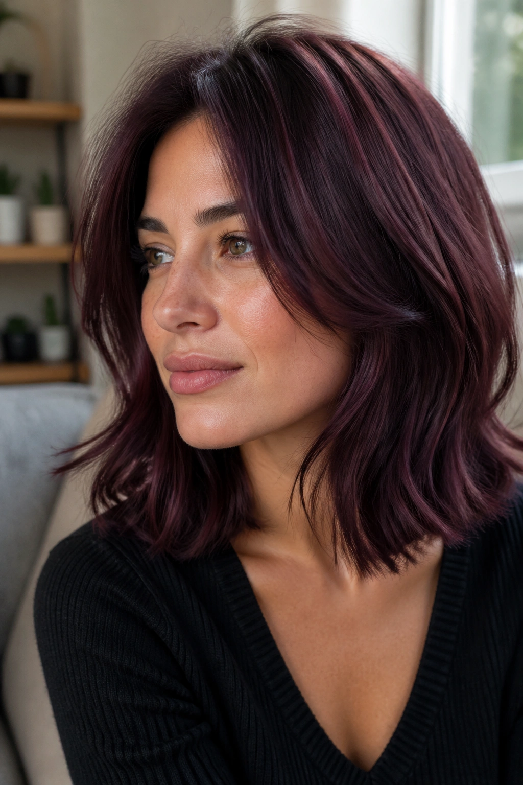 Close-up portrait of a woman with dusty plum hair in soft daylight