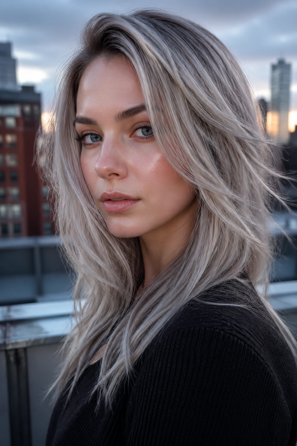 Close-up of a real woman with dusty silver blonde under blue-hour light