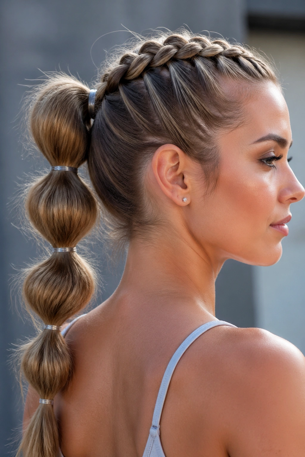 Real woman with Dutch braid transitioning into a bubble ponytail