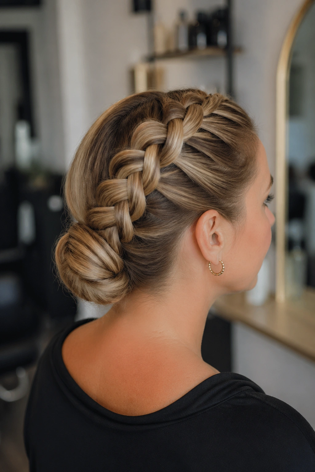 Close-up of a real person with a Dutch braid wrapping into a low bun