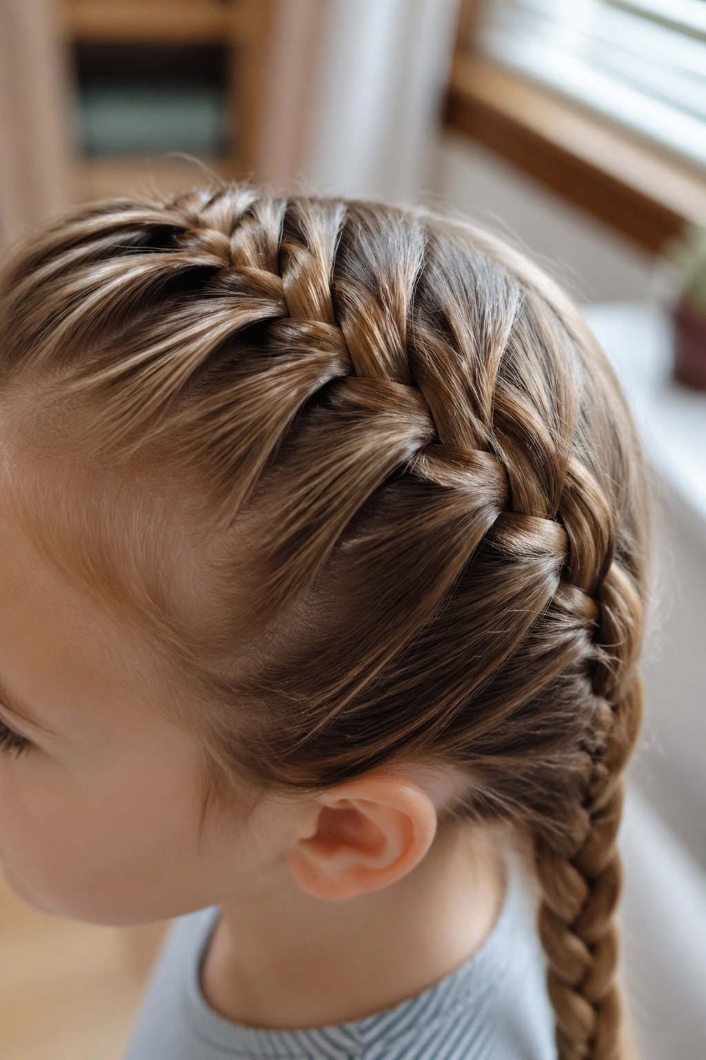 Close-up of a real child with a Dutch braid along the scalp