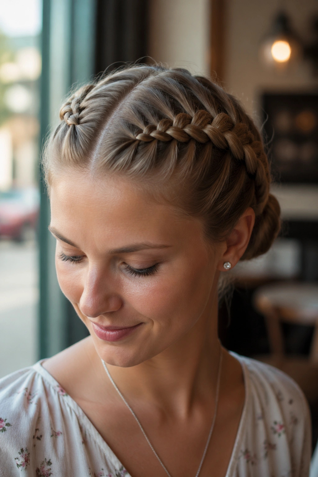 Close-up of real person with a Dutch braid crown and center part around the head.