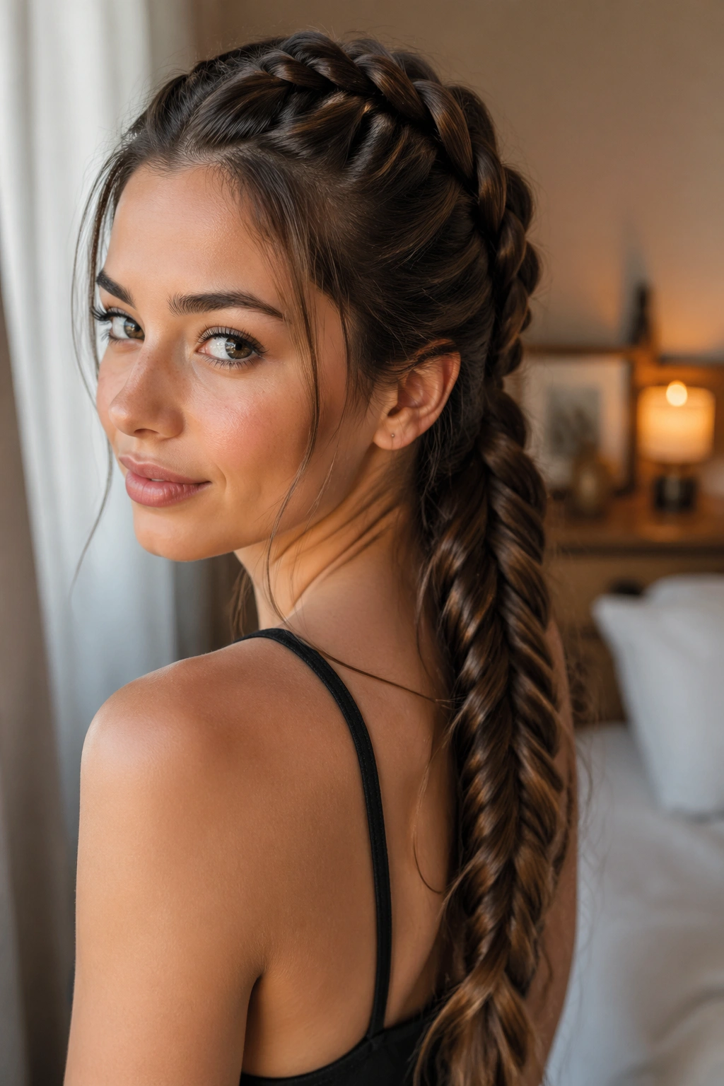 Close-up portrait of a real woman with a Dutch-to-Fishtail Hybrid Ponytail showing crown braid transitioning to fishtail ponytail