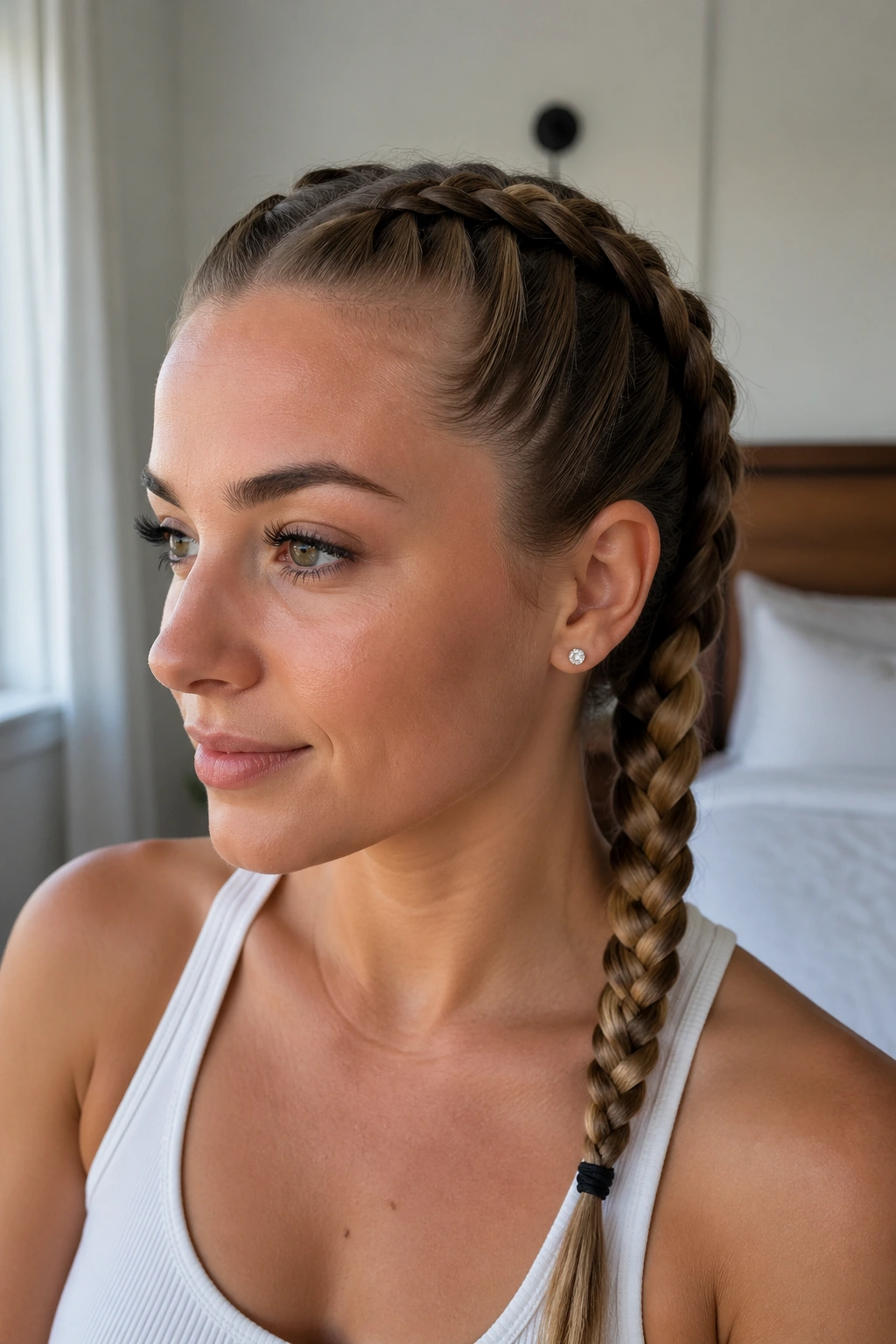 Close-up of a real woman with a Dutch braid and flat scalp finish in window light