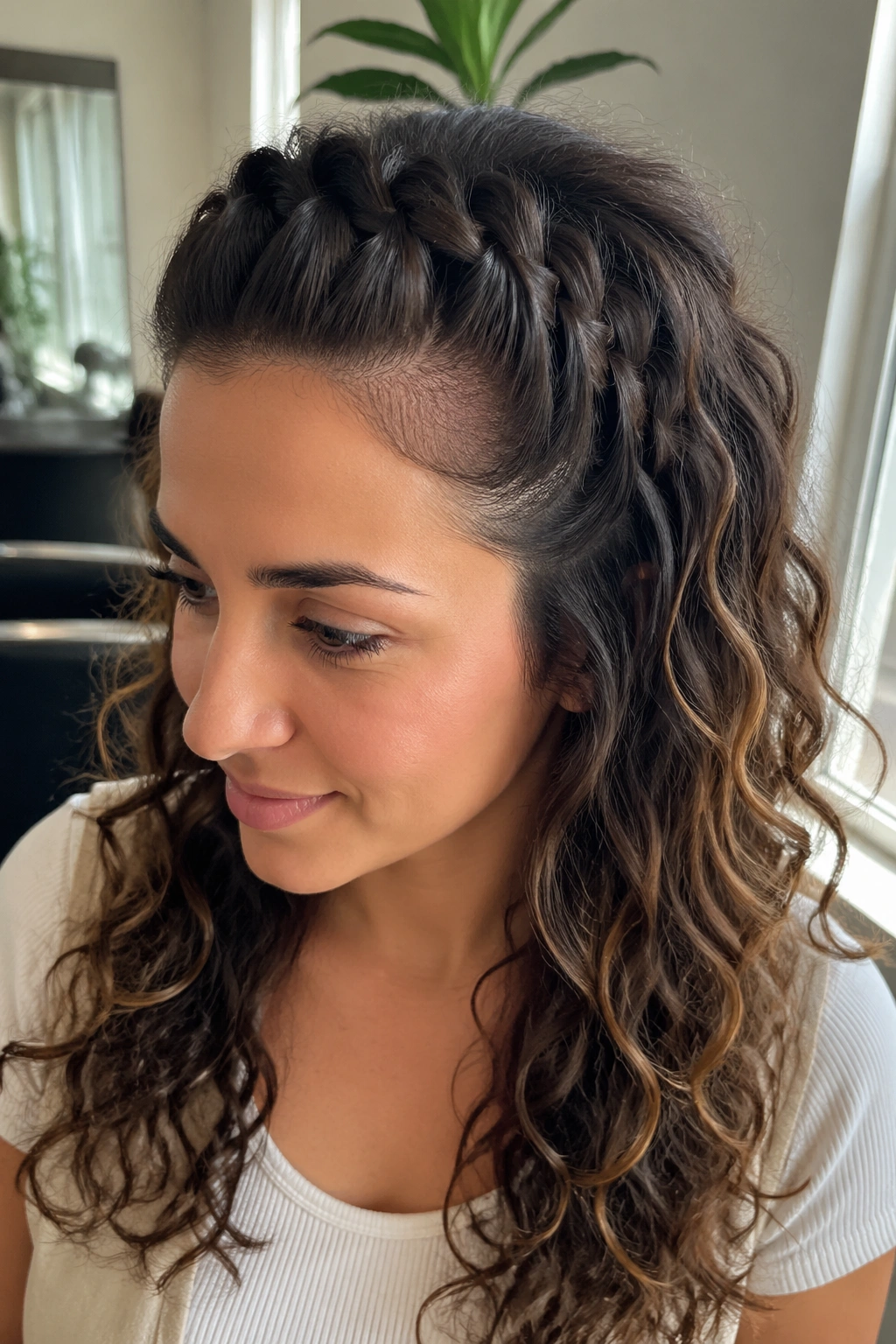 Dutch braid with lifted roots on a real woman, front hairline braided, curls loose, natural light