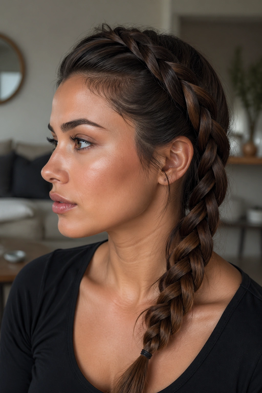 Close-up of a real woman's head showing a Dutch side braid along the jawline