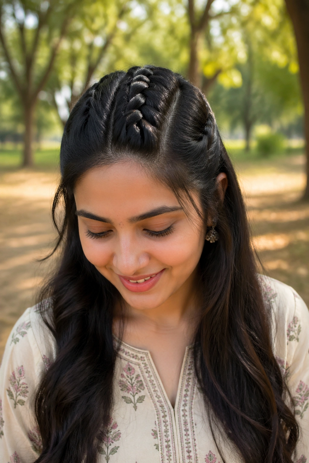 Close-up portrait of a real woman with a Dutch braid on top of the head.