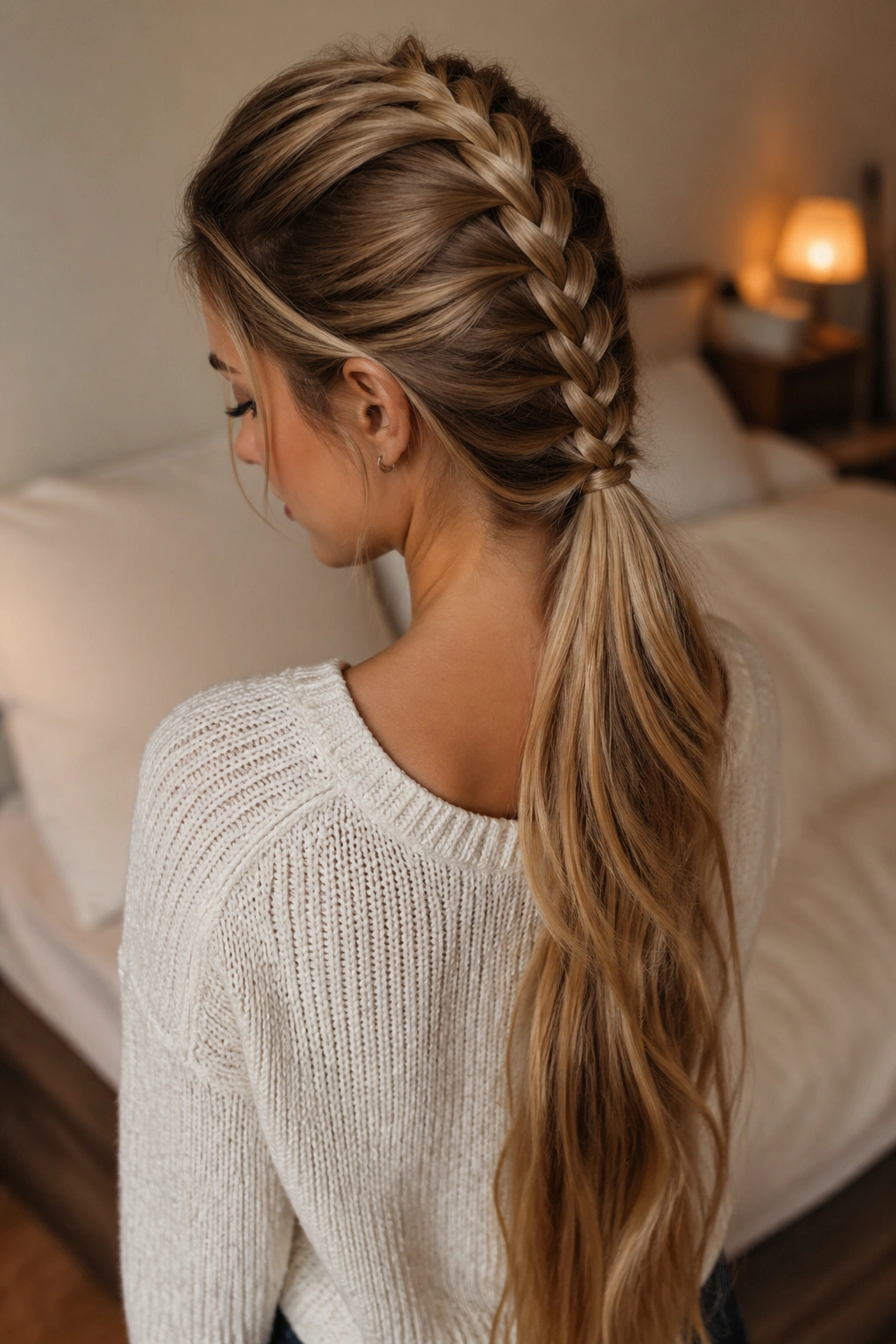 Close-up of a real woman's head with a Dutch braid forming a long tail along the back