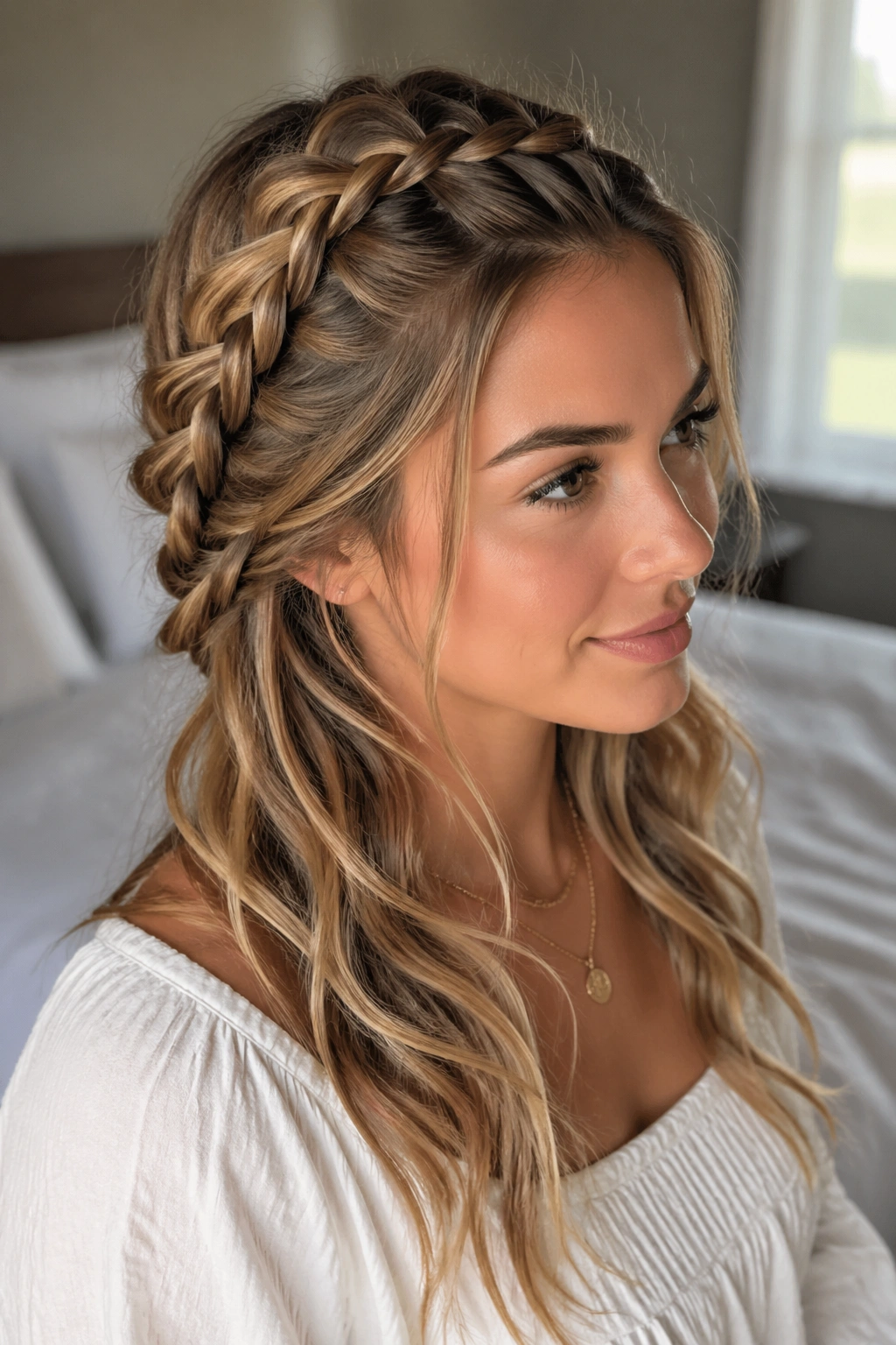 Close-up portrait of a real woman with a Dutch braid along the scalp and loose ends, lit by natural window light