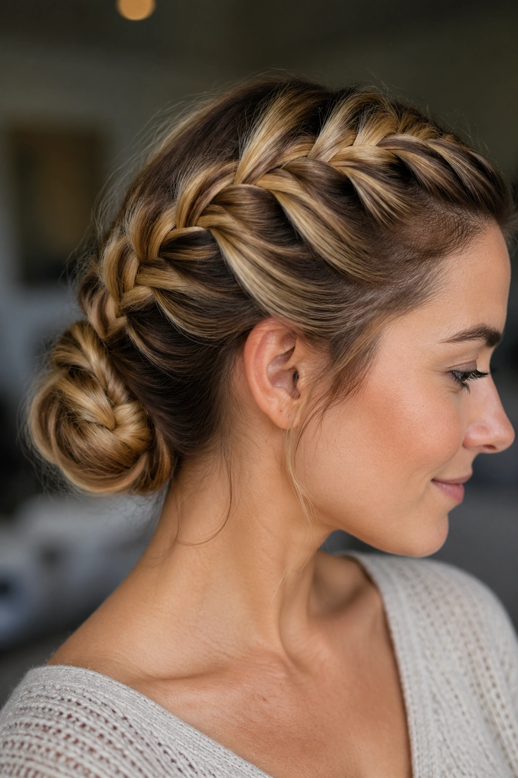 Close-up of a real woman with Dutch braid into a low bun