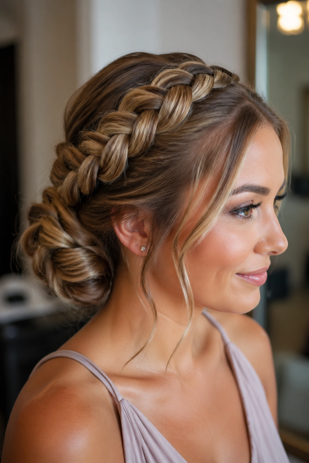Close-up of real woman with Dutch braid into a low bun