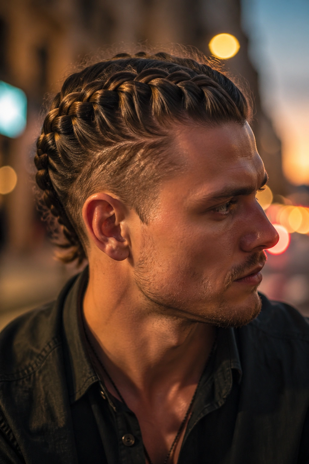 Close-up of a man with a Dutch braid along the scalp