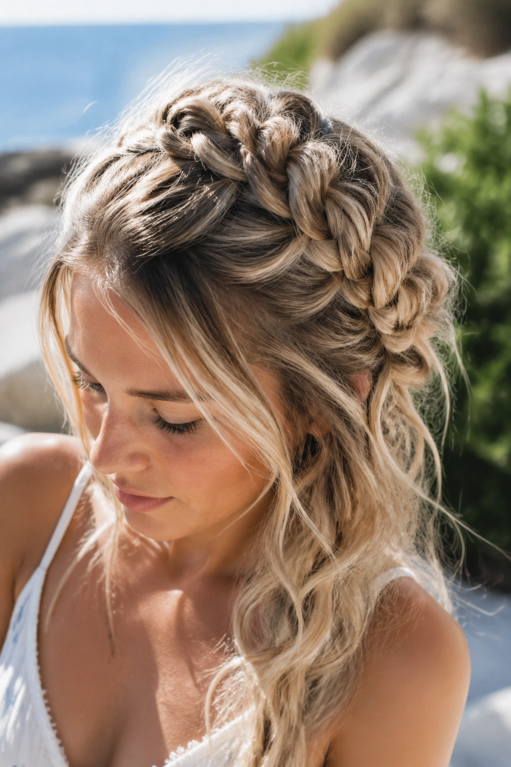 Close-up of a real person wearing a Dutch mermaid braid with loose texture