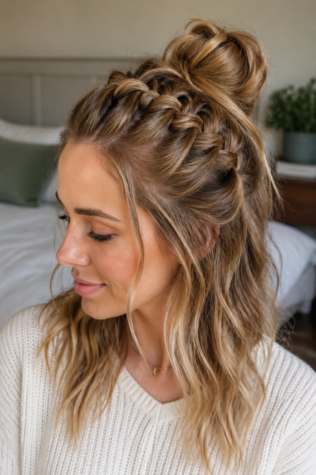 Close-up of a real person with a Dutch braid feeding into a messy half bun in natural light
