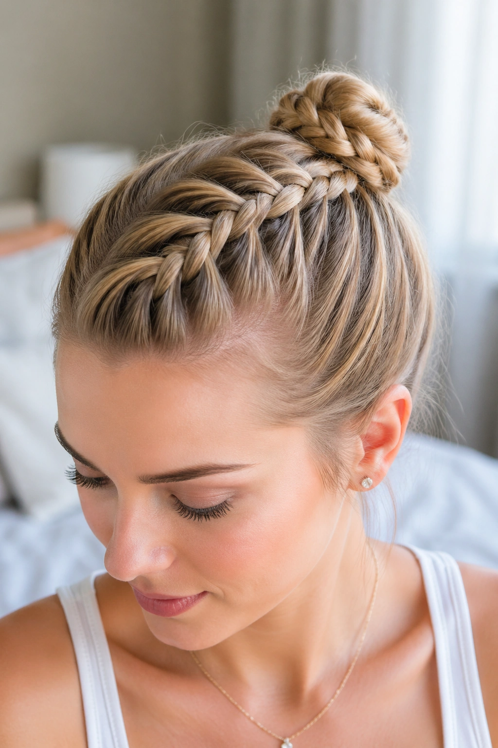 Close-up of a real woman's head showing a Dutch braid wrapped into a mini bun at the crown