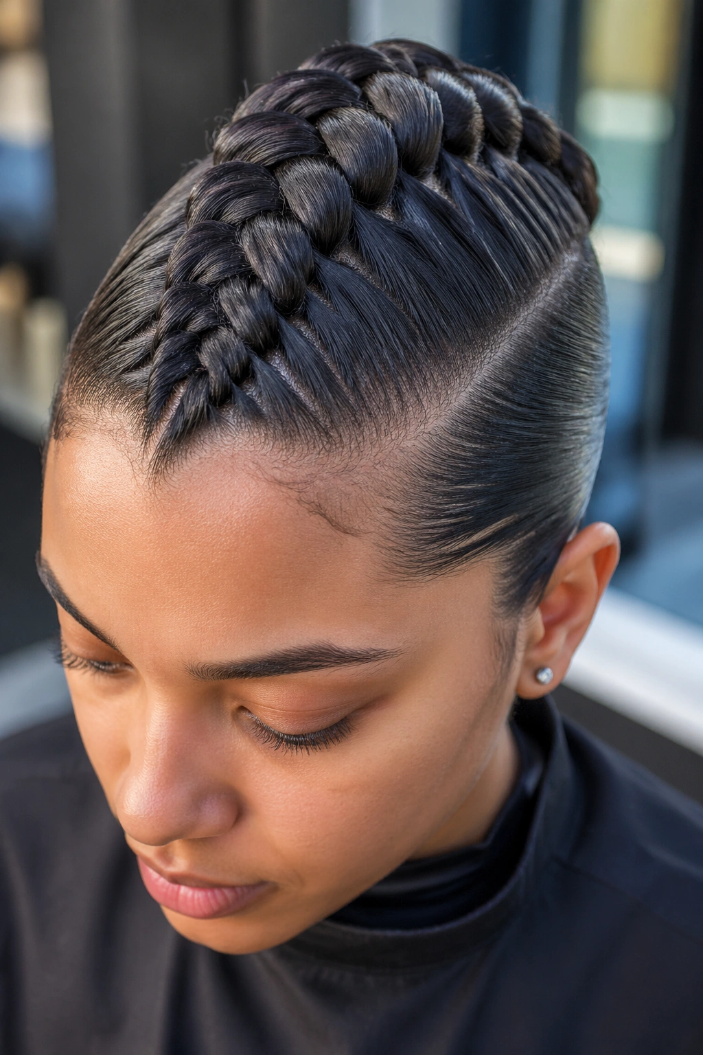 Close-up of a real person with a center Dutch braid forming a mohawk and smooth side panels